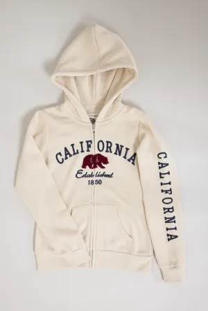 1897 Active Youth California Embroidered Full Zip Hoodie for Girls in Cream | K100-CREAM