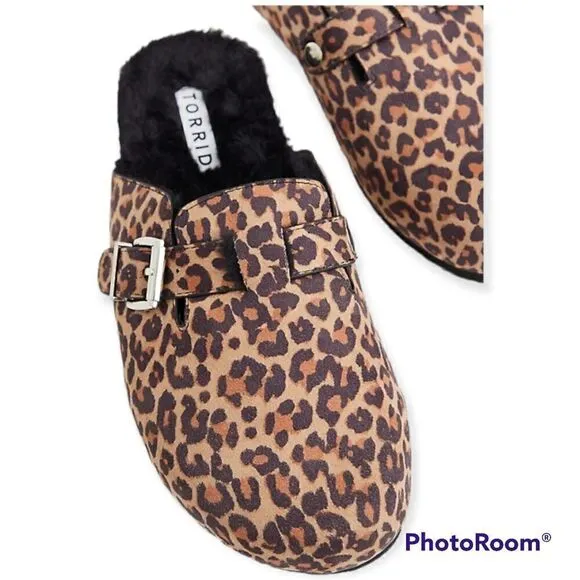 9W Torrid Brown Leopard Lined Slip On Mule Flat Faux Fur Faux Suede Wide Width