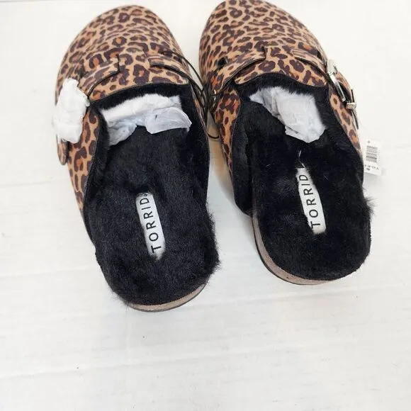 9W Torrid Brown Leopard Lined Slip On Mule Flat Faux Fur Faux Suede Wide Width