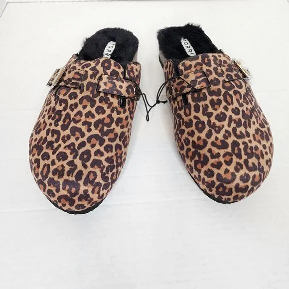 9W Torrid Brown Leopard Lined Slip On Mule Flat Faux Fur Faux Suede Wide Width