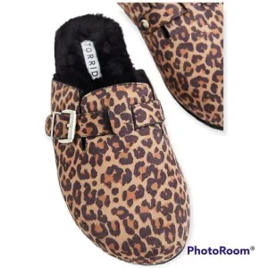 9W Torrid Brown Leopard Lined Slip On Mule Flat Faux Fur Faux Suede Wide Width