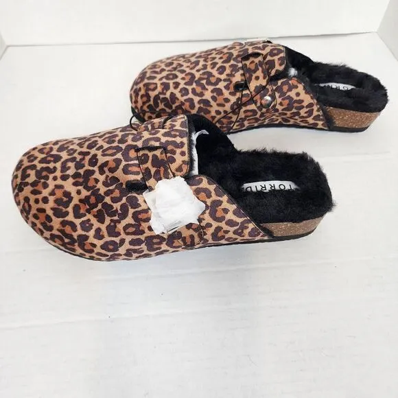 9W Torrid Brown Leopard Lined Slip On Mule Flat Faux Fur Faux Suede Wide Width