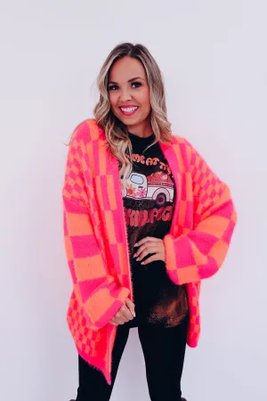 Alina Checkered Oversized Cardigan - Orange/Pink