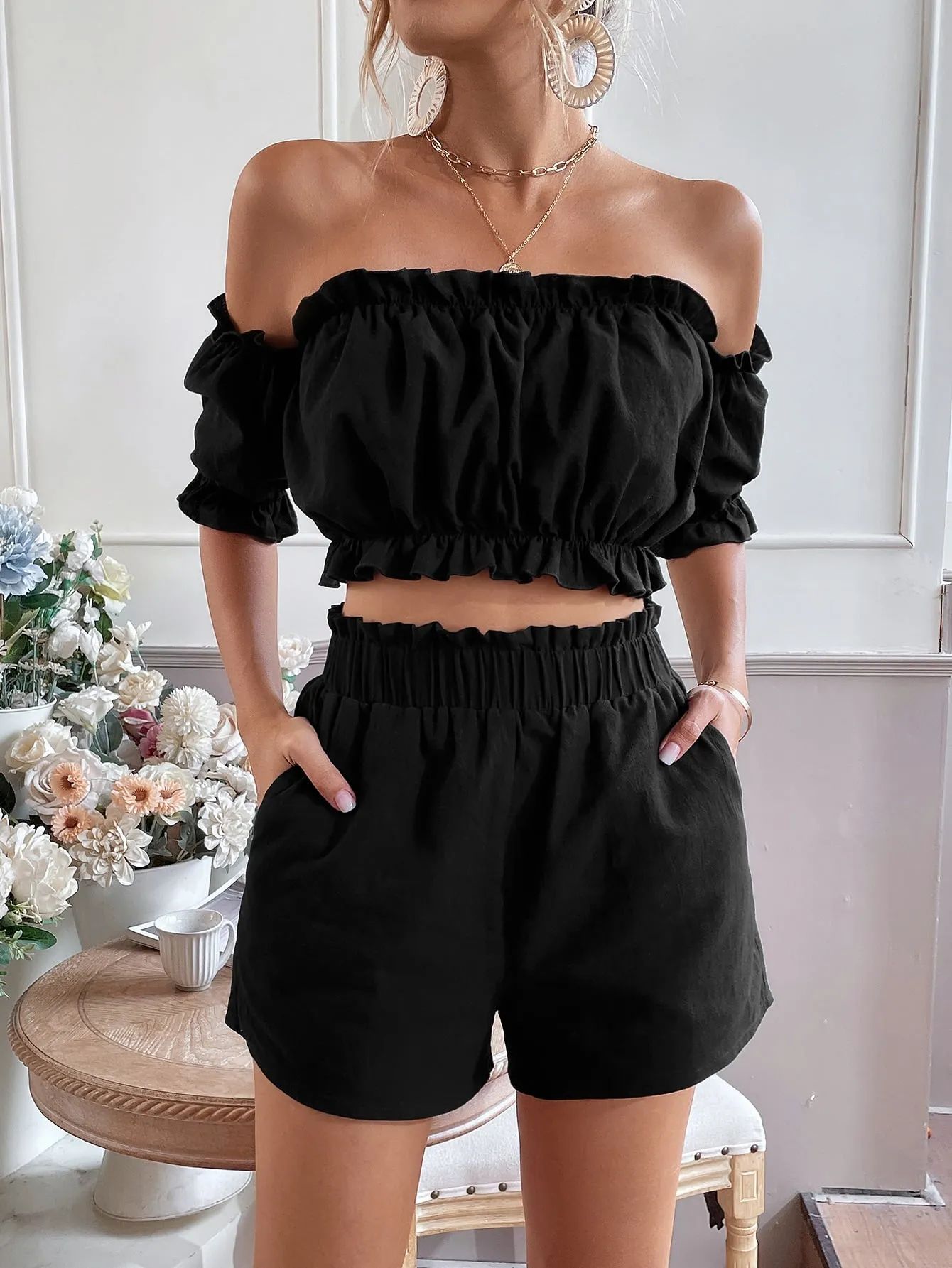 Black Hawk Off the Shoulder Top & Shorts