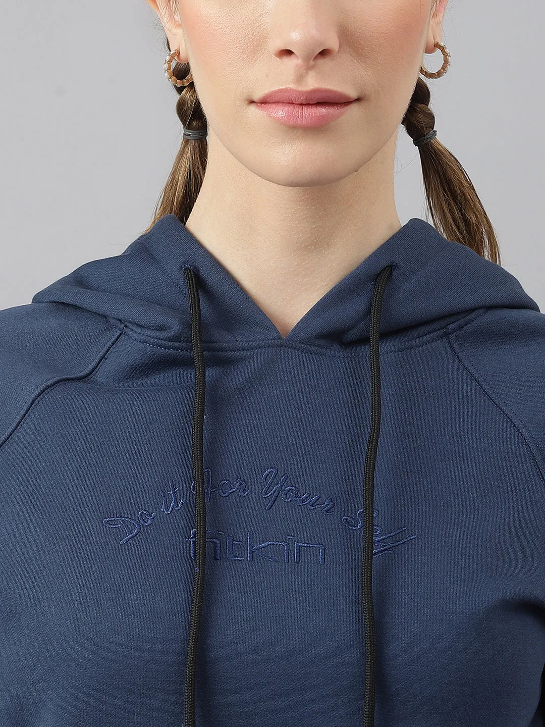 Fitkin Women Blue Fleece Regular Fit Hooded Sweatshirt