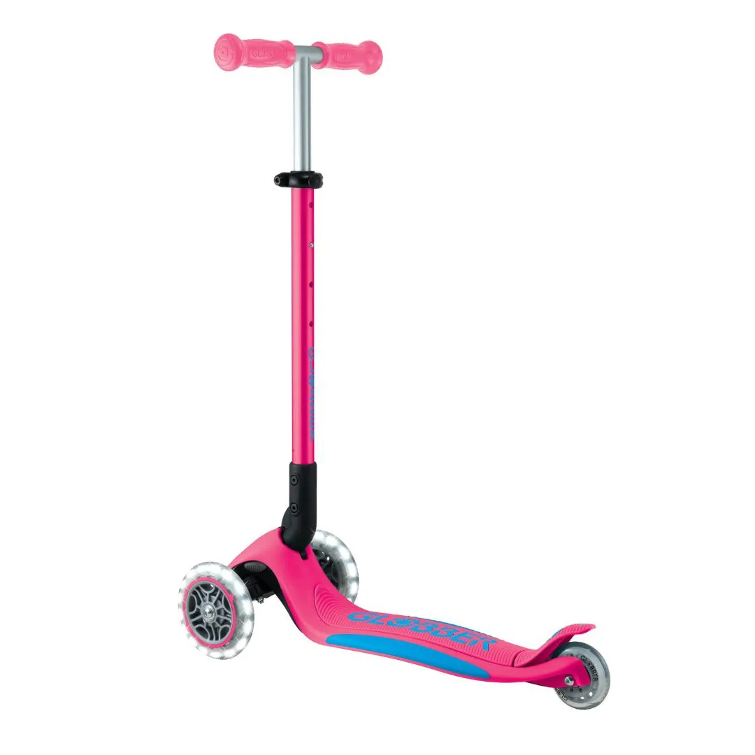 Globber Primo Foldable PLUS Lights 3-Wheels Kids Scooter - Fuchsia-Sky Blue