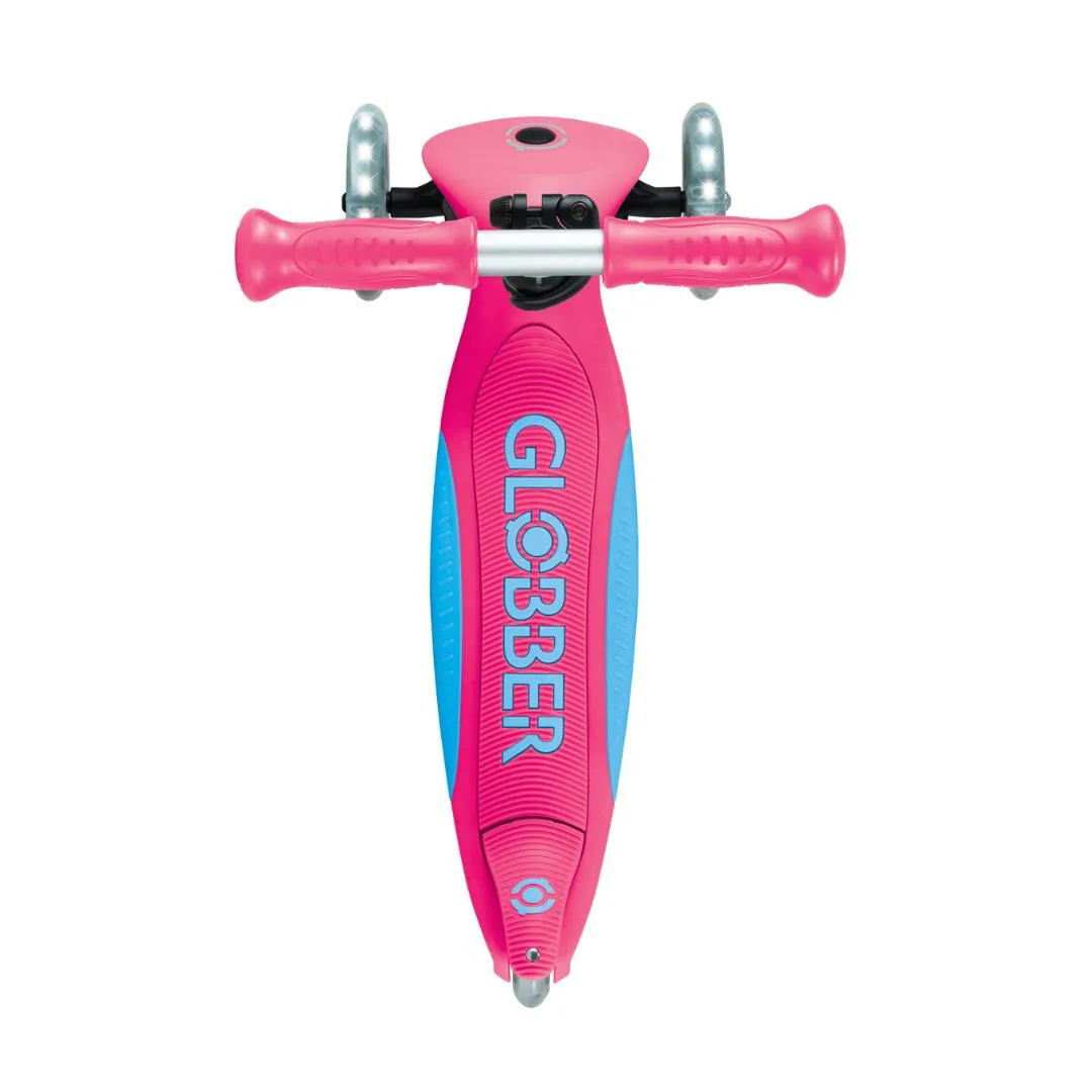 Globber Primo Foldable PLUS Lights 3-Wheels Kids Scooter - Fuchsia-Sky Blue