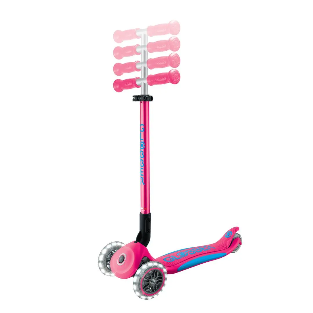 Globber Primo Foldable PLUS Lights 3-Wheels Kids Scooter - Fuchsia-Sky Blue