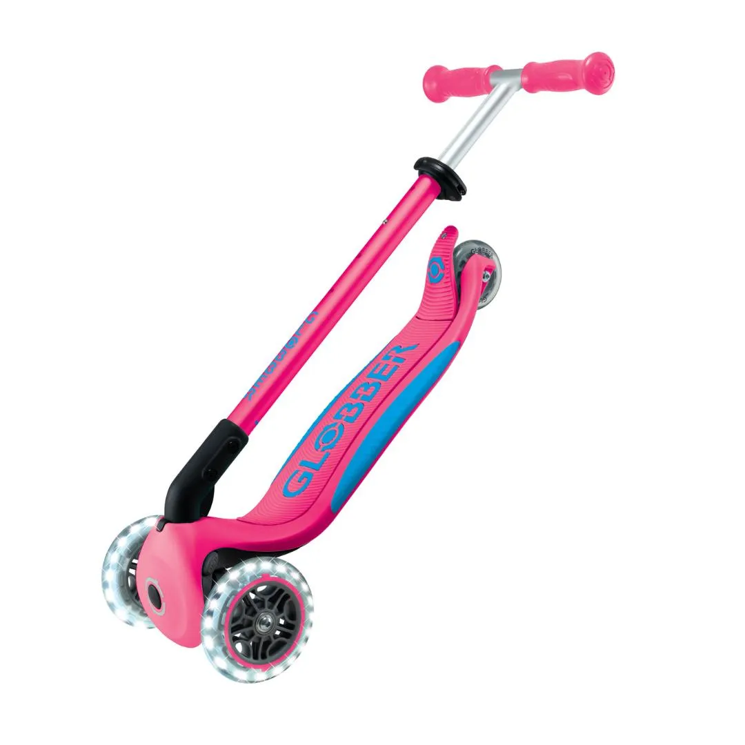 Globber Primo Foldable PLUS Lights 3-Wheels Kids Scooter - Fuchsia-Sky Blue
