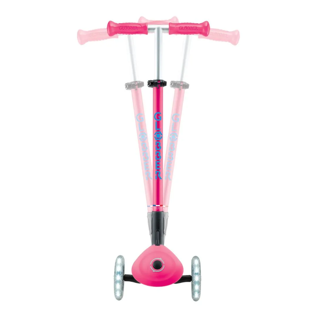 Globber Primo Foldable PLUS Lights 3-Wheels Kids Scooter - Fuchsia-Sky Blue