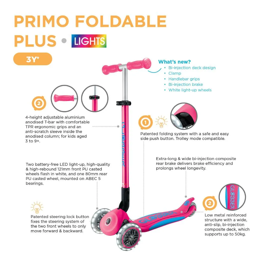 Globber Primo Foldable PLUS Lights 3-Wheels Kids Scooter - New Red