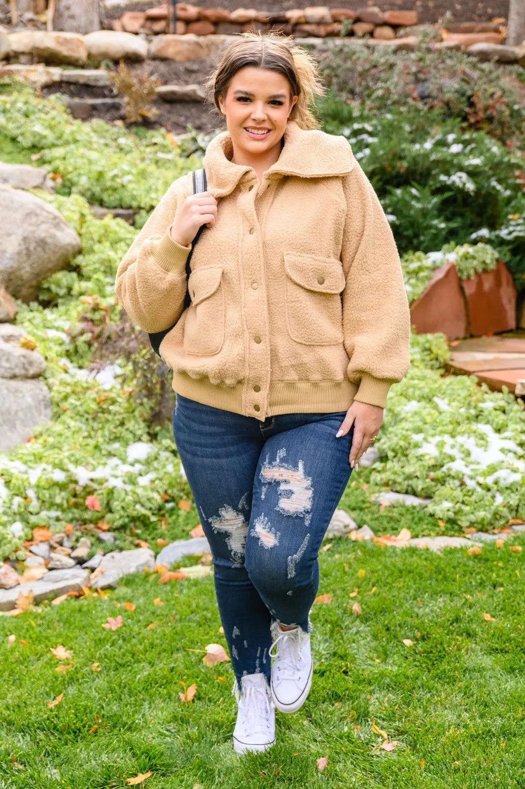 Hazel Blues® | Don't Stress Oversized Collar Sherpa Jacket In Taupe