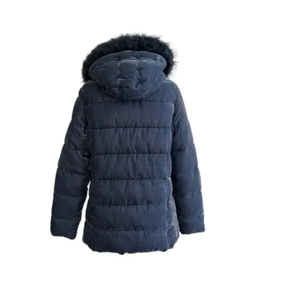Loft Blue Faux Fur Detachable Hood Crushed Velvet Puffer Quilted Coat Small