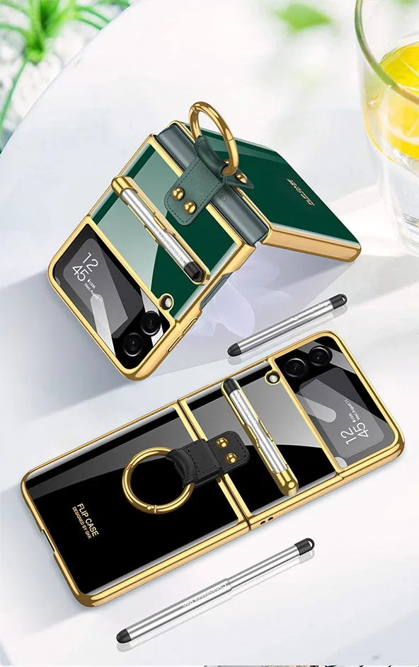 Luxury Plating Cover For Samsung Galaxy Z Flip 3 Case Back Protector Film With Ring Stand Hard Cover For Galaxy Z Flip3 Case