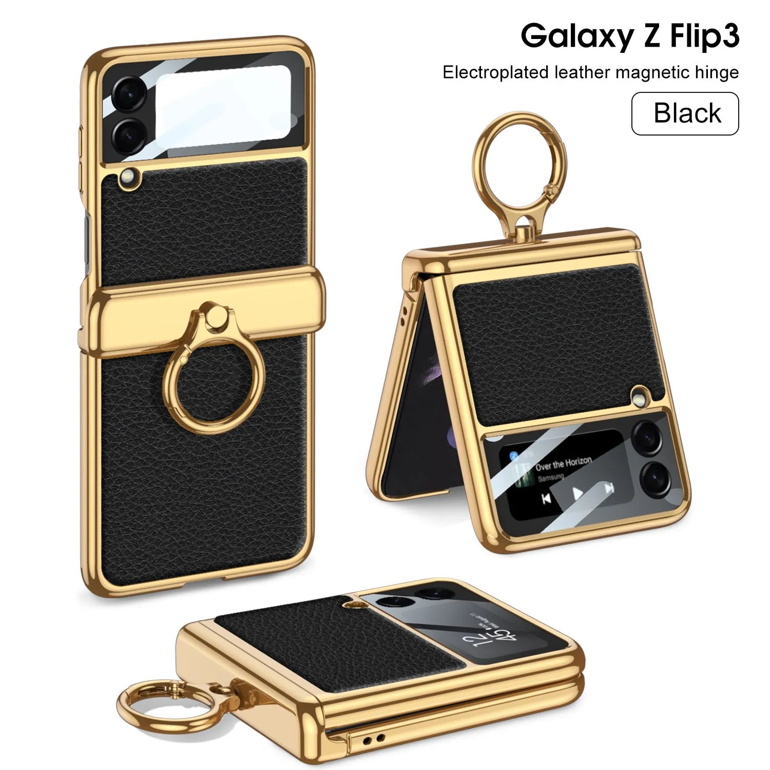 Magnetic Hinge Leather Texture Cover For Samsung Galaxy Z Flip 3 Case Back Screen Glass Plating Hard For Galaxy Z Flip3 Case