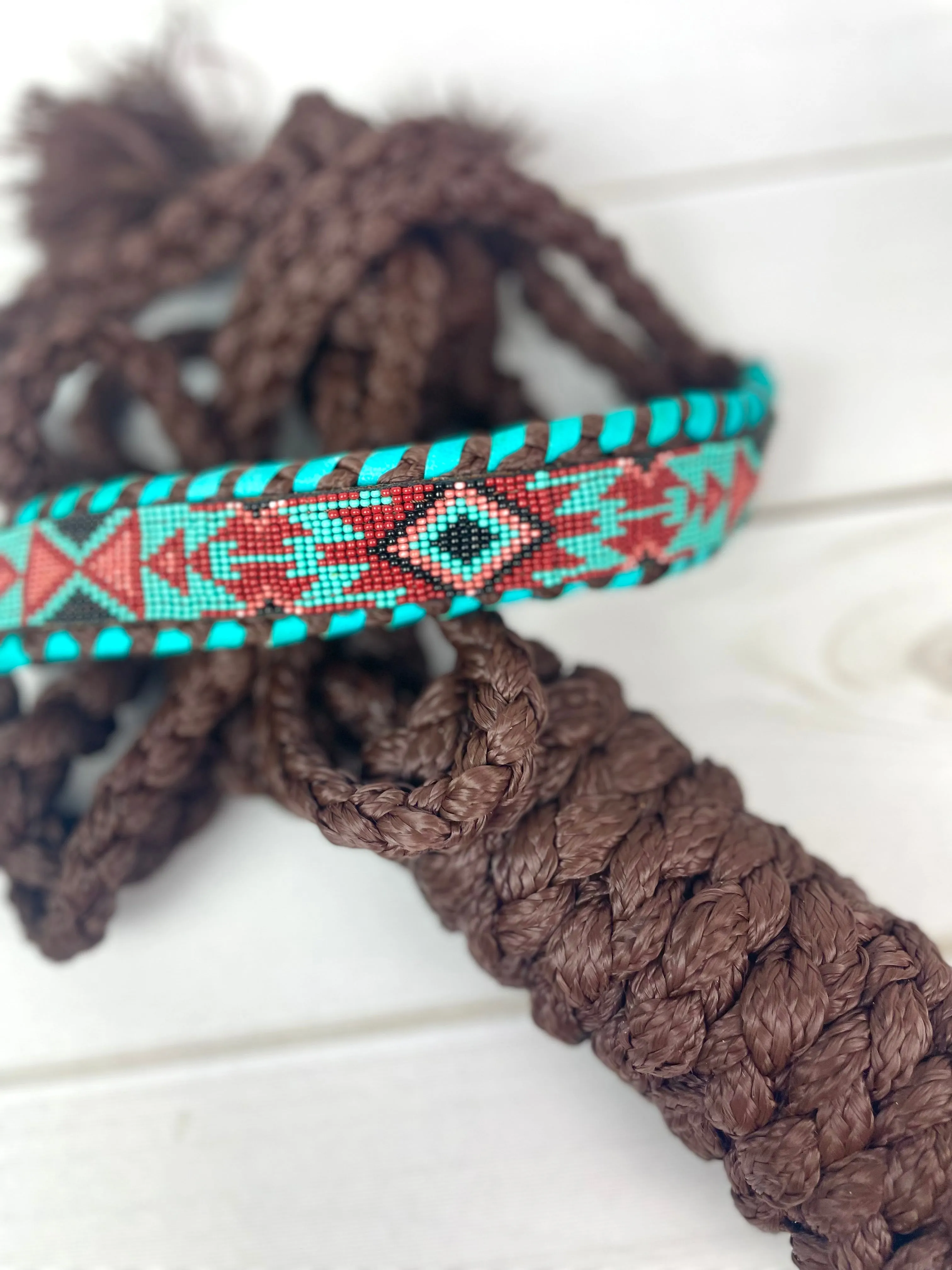 Maroon, Turquoise, Brown Beaded Nylon Muletape Halter