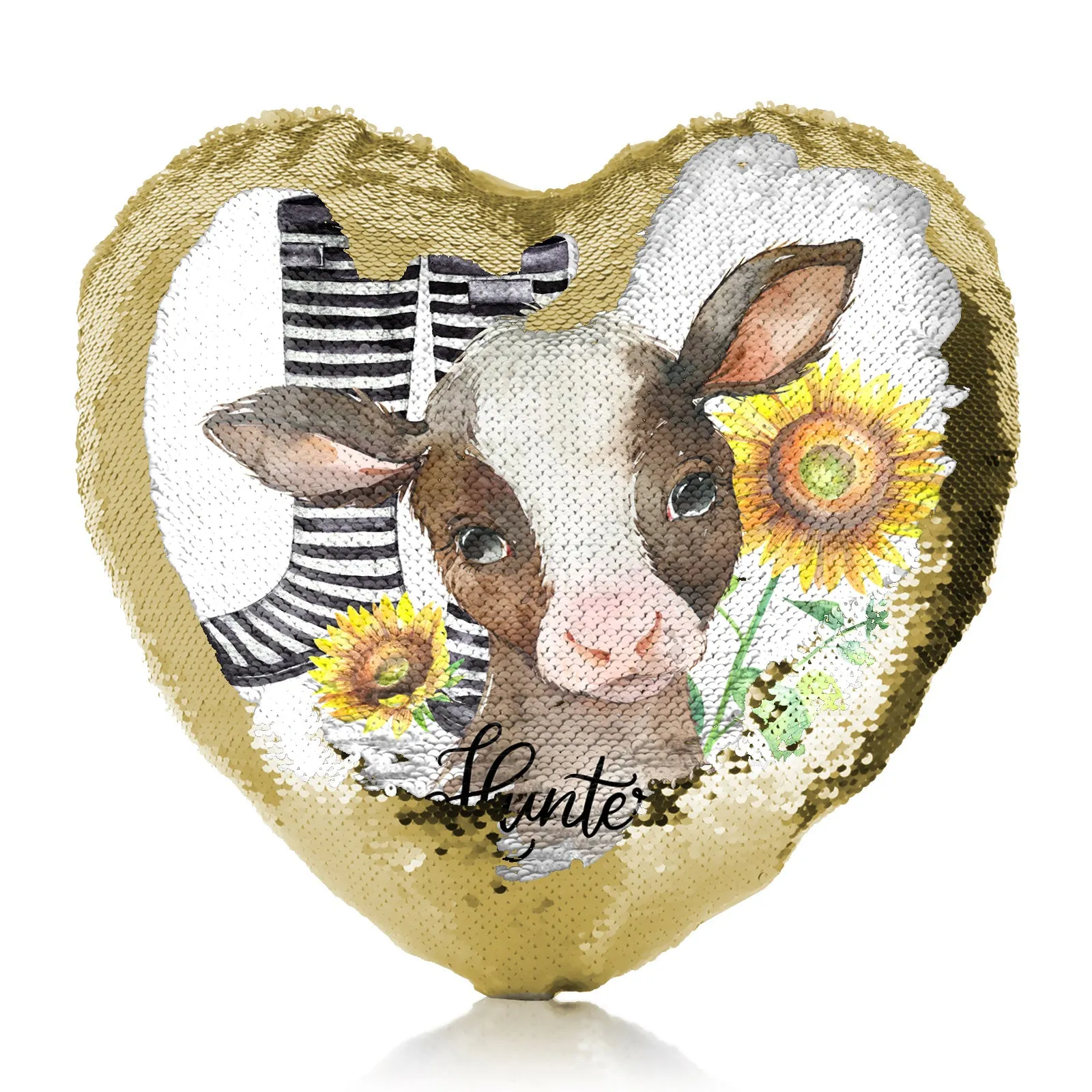 Personalised Sequin Heart Cushion with Brown Cow Yellow Sunflowers and Cute Text