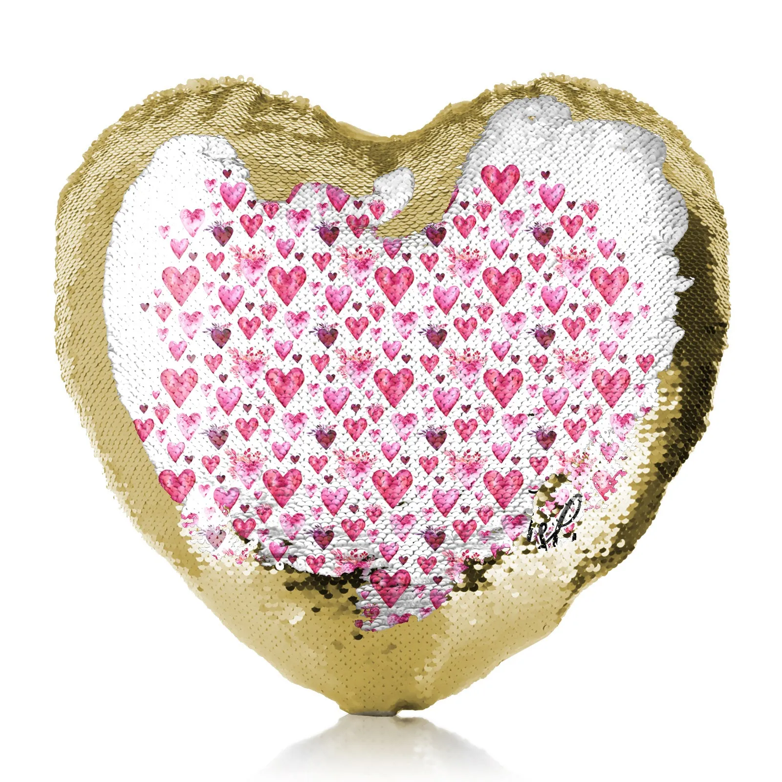 Personalised Sequin Heart Cushion with Stylish Text and Valentine Hearts Print
