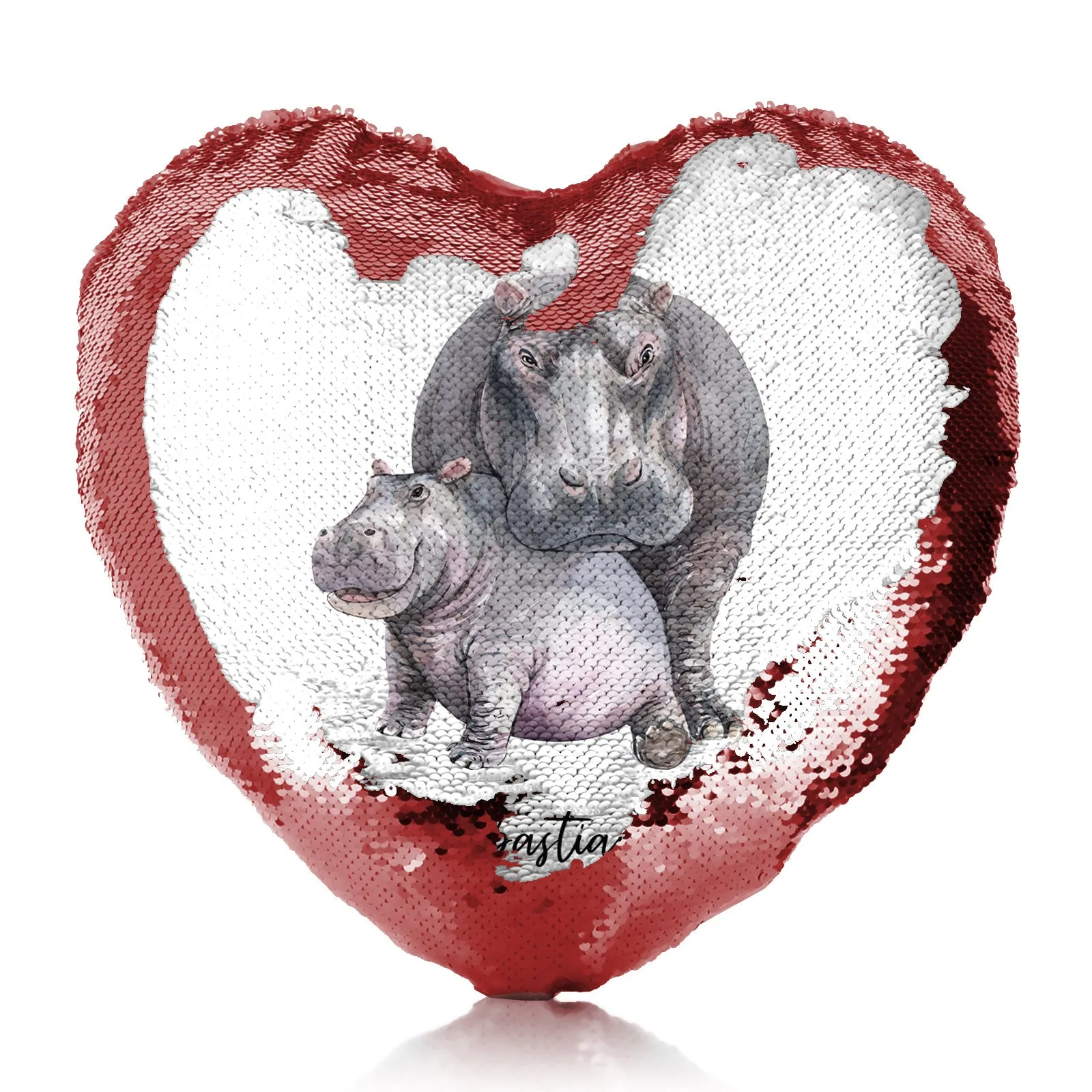 Personalised Sequin Heart Cushion with Welcoming Text and Embracing Mum and Baby Hippos