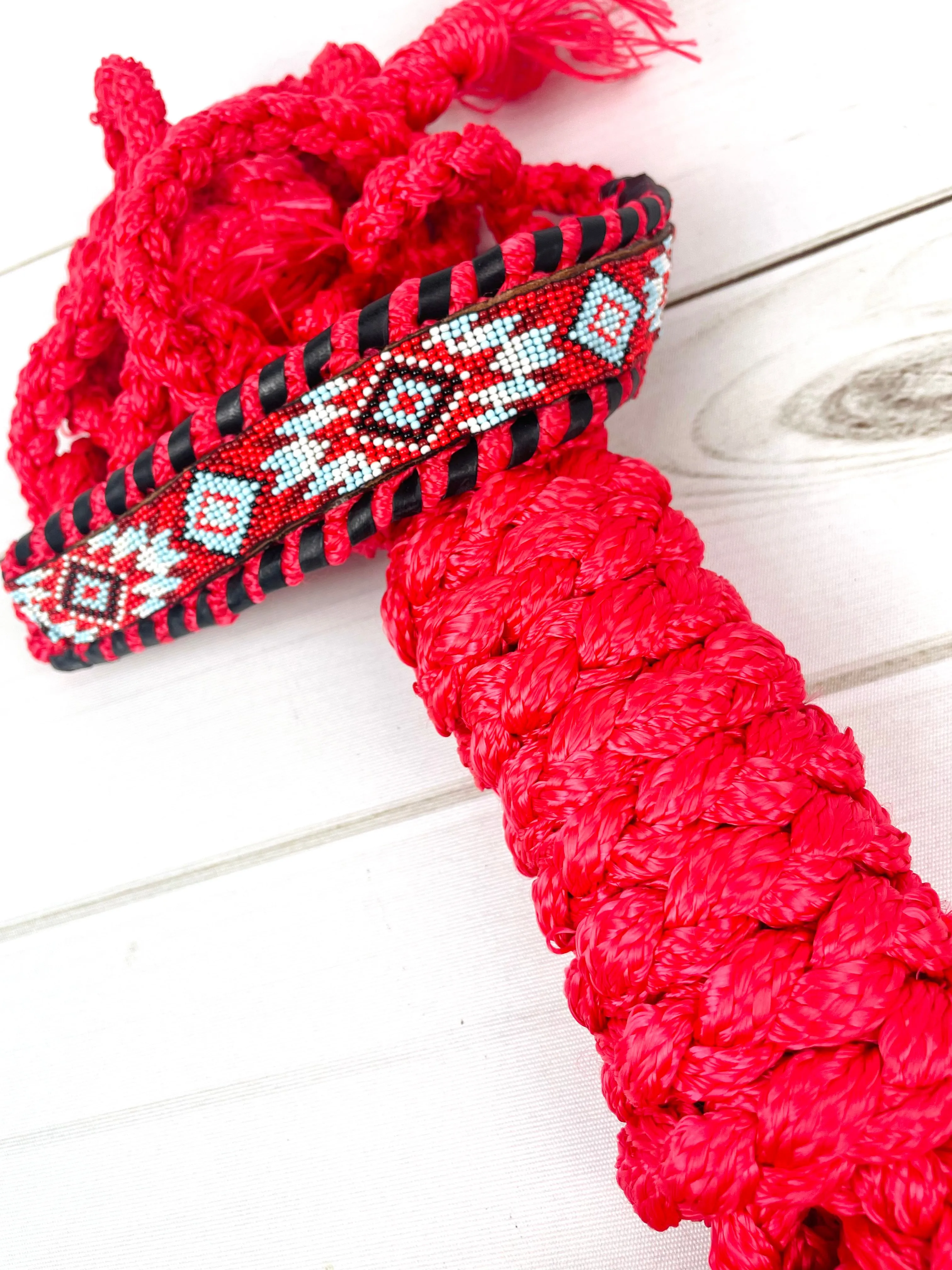 Red, Black, Light Blue Beaded Nylon Muletape Halter