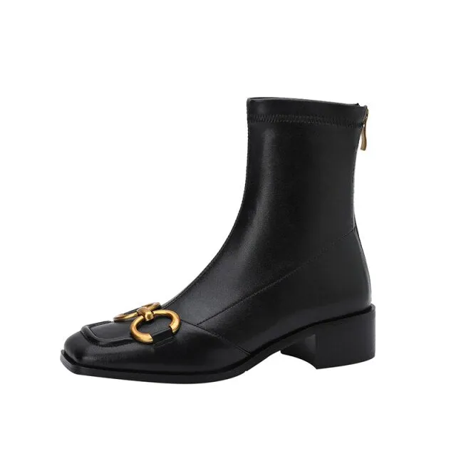 Square Toe Black Low Heeled Zip Booties for Women